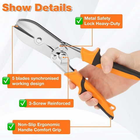 Person holding Carbon Steel 5 Blade Hand Crimper For Gutter And Ductwork with orange handles, showing metal safety lock.