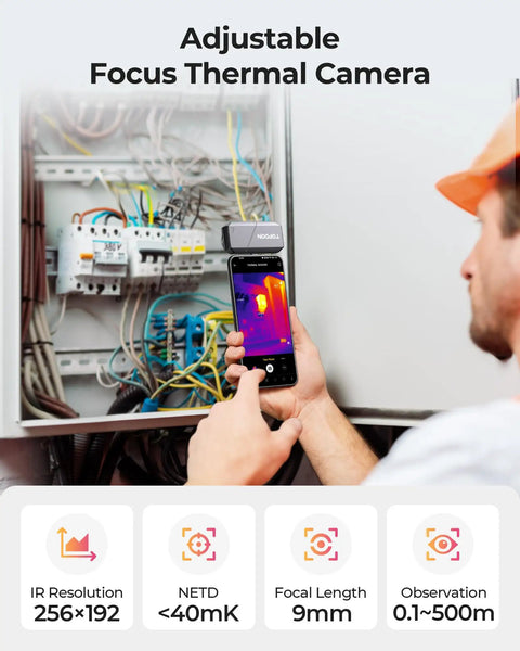 Person using 256x192 IR Thermal Camera For Android With 9mm Adjustable Focus Lens for electrical inspection.