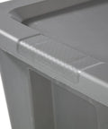 Built Tough Eighteen Gallon Storage Bin With Secure Snap Lid Heavy Duty Stackable Tote For Clutter Control Hella Roomy Gray Plastic Organizer Zero Fuss close-up of textured handle