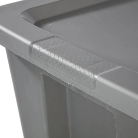 Built Tough Eighteen Gallon Storage Bin With Secure Snap Lid Heavy Duty Stackable Tote For Clutter Control Hella Roomy Gray Plastic Organizer Zero Fuss close-up of textured handle