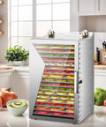 Backyard BBQ Pro Style Electric Food Dehydrator With 18 Spacious Stainless Trays showing colorful fruits in kitchen setting.