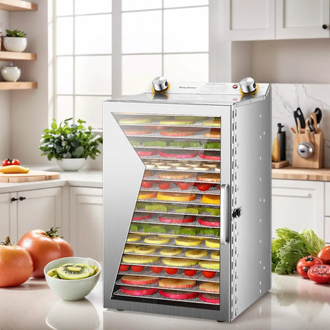 Backyard BBQ Pro Style Electric Food Dehydrator With 18 Spacious Stainless Trays showing colorful fruits in kitchen setting.