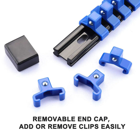 Six Piece Three Eighths Inch Drive Socket Organizer Rails Set With SAE And Metric Holder Rails, blue rail parts with end cap