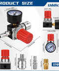 Diagram of Air Compressor Pressure Regulator And Three Way Pneumatic Valve with 1/4 inch NPT and red adjustment knob