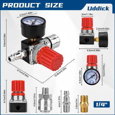 Diagram of Air Compressor Pressure Regulator And Three Way Pneumatic Valve with 1/4 inch NPT and red adjustment knob