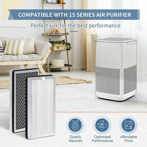 4 Pack Replacement Filter for MA Series Air Purifier 15W 15B 15S 3 In 1 H13 HEPA Filter displayed with air purifier in living room