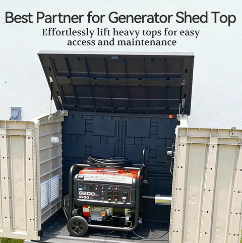 Generator shed with open top demonstrating gas struts lift support