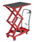 EliteEdge Hydraulic Lift Table Cart With 330 Lbs Load Capacity And 50 Inch Max Height Featuring Double Scissor Design in red steel.