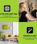 Collage highlighting the 13 Sensor ProSensor M210 Stud Finder's features, including accuracy and ease of use in home decor settings.