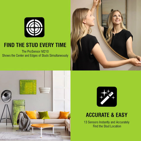 Collage highlighting the 13 Sensor ProSensor M210 Stud Finder's features, including accuracy and ease of use in home decor settings.