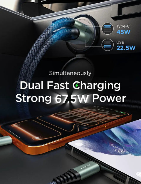 Mini Metal Car Charger With 67.5W USB C Fast Charging PD QC For 12V Lighter Outlet, charging two phones in car