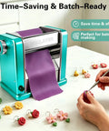 Heavy Duty Electric Polymer Clay Press Machine with Seven Adjustable Thickness Settings And Rust Resistant Stainless Steel Rollers For Smooth One Touch Operation Perfect For Jewelry Making Earring Creation And Detailed ArtsandCrafts Projects with purple clay and colorful earrings.