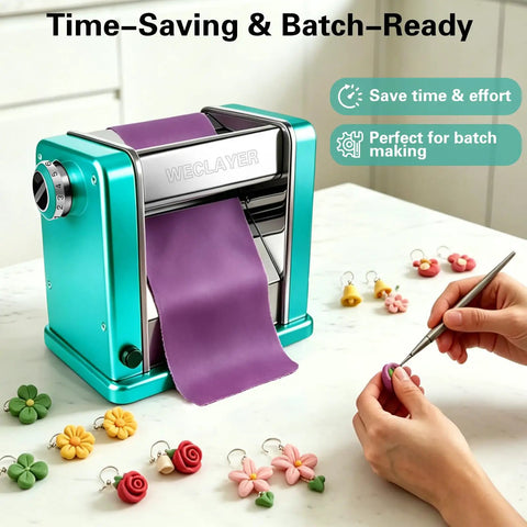 Heavy Duty Electric Polymer Clay Press Machine with Seven Adjustable Thickness Settings And Rust Resistant Stainless Steel Rollers For Smooth One Touch Operation Perfect For Jewelry Making Earring Creation And Detailed ArtsandCrafts Projects with purple clay and colorful earrings.