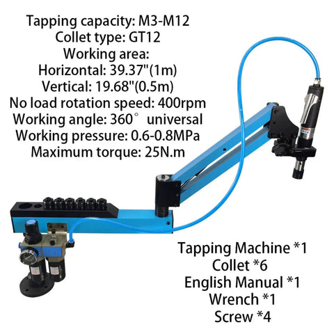 Universal 360 Degree Pneumatic Tapping Machine With Flexible Arm For M3 To M12 Threading, Aluminum Frame, Included Taps Display