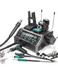 Pro Grade All In One Micro Soldering Station With 1000W Hot Air Rework Desoldering System, Microsoldering Iron, Hot Tweezers, Desoldering Gun, Suction Pen For BGA SMD Reflow Under The Microscope, The Go To Kit For Tech Repair displayed on a workbench with tools visible