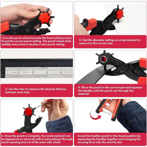 Beefy Rotary Leather Hole Punch Kit usage instructions, including hole sizes, measurements, and operation, for DIY leather projects.