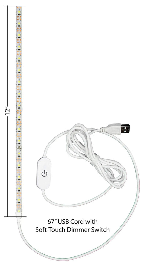 Slick 12 Inch Cut To Fit Led Light Strip With 18 Darn Bright Cool White Bulbs And Smart Touch Dimmer with 67 inch USB cord.