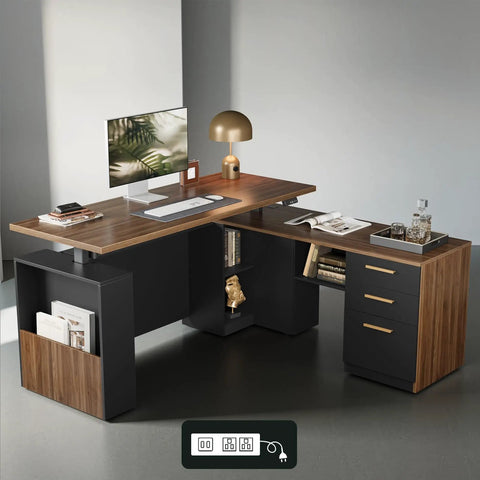 63 Inch Standing Desk With File Cabinet And Privacy Panel Electric Height Adjustable L Shaped Desk With AC USB Ports in Black Walnut