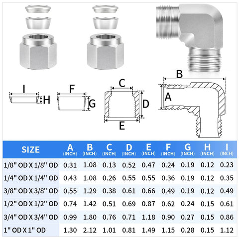 ChillWaves 304 stainless steel compression elbow fittings, 1/4" OD x 1/4" OD, 90°, 2-pack.