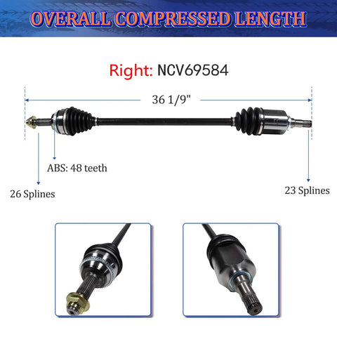 CV Axle Drive Shaft Front Left and Right for Toyota Matrix and Pontiac Vibe 2003 2004 2005 2006 2007 2008 1.8L FWD Automatic Replacement Kit, Front Driver and Passenger Side, right axle shown with 36 1/9 inch length