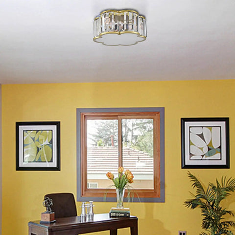 Glow Up Your Space With A Luxe Crystal Flush Mount Ceiling Light In Gold Finish, modern 3 light fixture in living room setting.