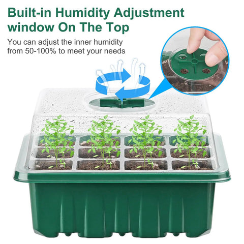 12 Pack Seed Starter Tray Set With 144 Cell Germination Trays And Humidity Adjustable Dome, seedlings growing in tray