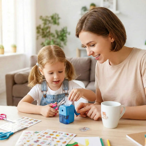 Woman and child using sticker sheets from 12 Piece Sublimation Paper Set For Sublimation Printers And Ink at home table.