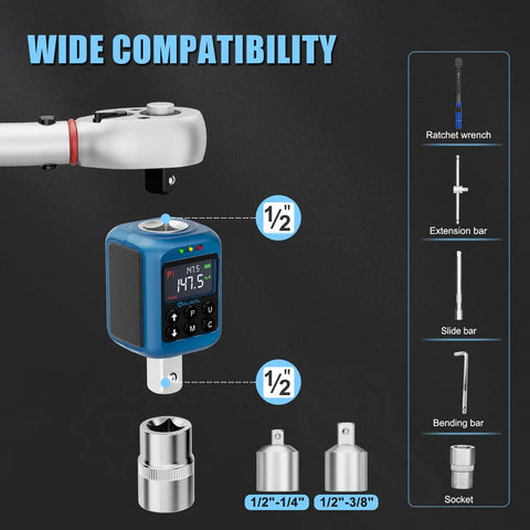 Digital Torque Adapter For Half Inch Drive Turns Your Torque Wrench Into A Precision Tool With Peak And Trace Modes Four Units Nm Lb Ft Lb In Kg Cm 2.2 To 147.5 Ft-Lb 3 To 200 Nm About Two Percent Accuracy Buzzer And LED Indicator Includes 3/8 And 1/4 in use with accessories