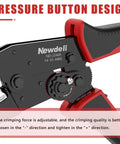 Close-up of Easy No Fuss MC4 Solar Crimping Tool with ratchet mechanism for AWG 14-10 cables, showing pressure button design.