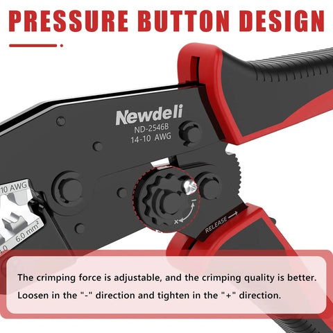 Close-up of Easy No Fuss MC4 Solar Crimping Tool with ratchet mechanism for AWG 14-10 cables, showing pressure button design.