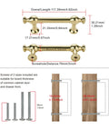 Diagram of 10 Pack Retro Polished Gold Cabinet Handles with measurements and screw sizes, 3 inch spacing, zinc alloy.