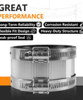 Heavy Duty 6 Inch No Hub Couplings 50 Pack 304 Stainless Steel DWV Pipe Connectors With Flexible Rubber Gaskets shown close-up.