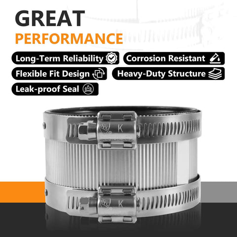 Heavy Duty 6 Inch No Hub Couplings 50 Pack 304 Stainless Steel DWV Pipe Connectors With Flexible Rubber Gaskets shown close-up.