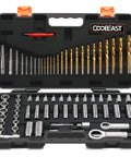 72 Piece Bolt Extractor Kit With Left Hand Drill Bits For Damaged Rusted Rounded Off Bolts Nuts And Screws Lug Nut Removal Tool Easy Out Screw Extractor Set The Perfect Gift For Men Dad Husband Boyfriend in black case showing drill bits and extractors.