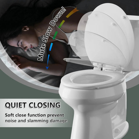 Top Shelf Molded Wood Toilet Seat Slow Close Lid High Gloss White Elongated Shape Quick Detach Hinges Zero Pinch Fingers Smooth Glide Routine Bathroom Refresh with soft close feature.