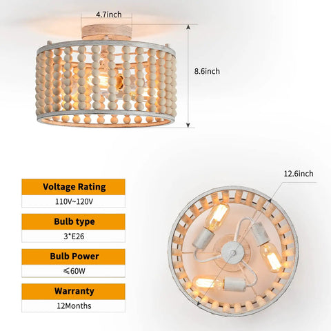 Wood Bead Chandelier Rustic Farmhouse Semi Flush Mount 3 Light Ceiling Fixture With E26 Base Oak Black Boho Bohemia Pendant