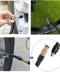 Heavy Duty Air Inflator Hose Adapter Converting Twist On Valve To Lock On Tire Chuck Connector shown connecting to car and bike tires.