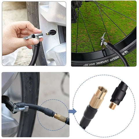 Heavy Duty Air Inflator Hose Adapter Converting Twist On Valve To Lock On Tire Chuck Connector shown connecting to car and bike tires.