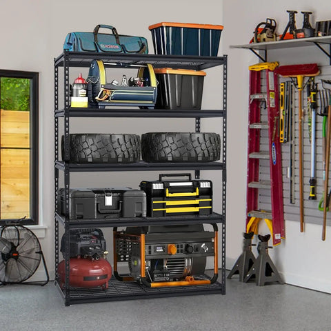 Beefy Heavy Duty Metal Shelving Unit With Adjustable Racks For Serious Garage Storage 5 Tier Steel Shelves 2500 Lb Capacity Basement Workshop Must Have Organizer For Tools And Supplies 48x24x72 in garage with tools and bins