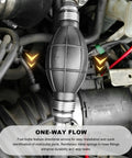 Heavy Duty Manual Fuel Transfer Pump With 10Mm Rubber Bulb Vacuum Line Siphon Hose showing one-way flow design and directional arrows.