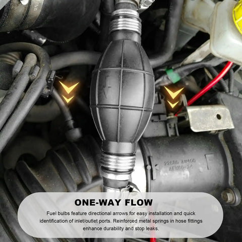 Heavy Duty Manual Fuel Transfer Pump With 10Mm Rubber Bulb Vacuum Line Siphon Hose showing one-way flow design and directional arrows.