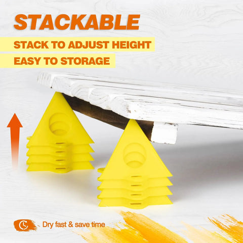 Stacked yellow mini painter pyramid stands elevating wooden board, 36 Pack Mini Painter Pyramid Stands For Painting And Pouring Nonstick Triangle Cone Tripods Elevate Cabinets Canvas And Woodworking Projects Riser Support For DIY Pros And Artists