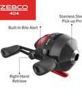 Close-up of Zebco 404 spincast reel showing right-hand retrieve, built-in bite alert, and stainless steel pick-up pin.