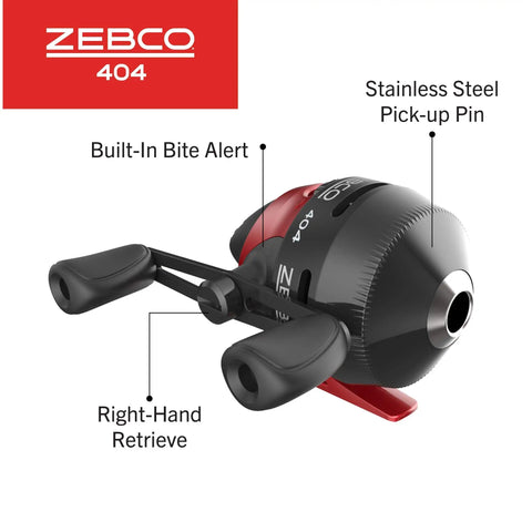 Close-up of Zebco 404 spincast reel showing right-hand retrieve, built-in bite alert, and stainless steel pick-up pin.