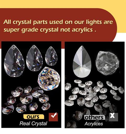 Comparison of real crystal parts versus acrylics for Three Light K9 Crystal Pendant Chandelier In Gold