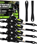 Self Retracting Ratchet Straps 4 Pack Lock It Down Heavy Duty Tie Down Strap For Pickup Truck Cargo Trailer Motorcycle Atv Utv With Killer Grip Robust Breaking Strength Secure Your Haul Tangle Free System Black One Inch By Twelve Feet set displayed with retractable straps and hooks.