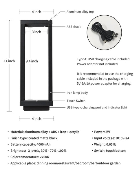 Dimensions and components of Cordless Waterproof Table Lamps Set of 2 Black Outdoor Go-To Rechargeable Desk Lamps With 4000mAh Battery 2700K Warm LED 3 Level Dimmable Portable Lighting for Patio Camping Bedroom Night Light; features aluminum alloy top and ABS shade.
