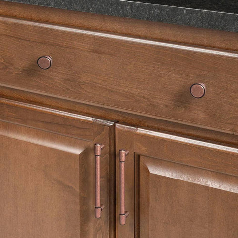 Six Pack 5.04 Inch Center To Center Antique Copper Drawer Pulls Red Bronze Bar Handles on wooden kitchen cabinet doors