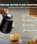 Gooseneck Electric Kettle With Built-In Thermometer, 1L Stainless Steel, 1000W Fast Boil in use for pour over coffee tea