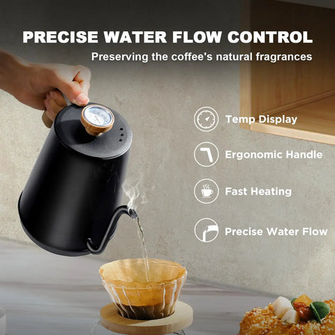 Gooseneck Electric Kettle With Built-In Thermometer, 1L Stainless Steel, 1000W Fast Boil in use for pour over coffee tea
